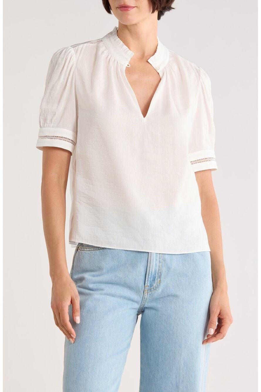 Frame White Popover Ruffle Collar Blouse Linen Blend Lagenlook Boxy Women Large